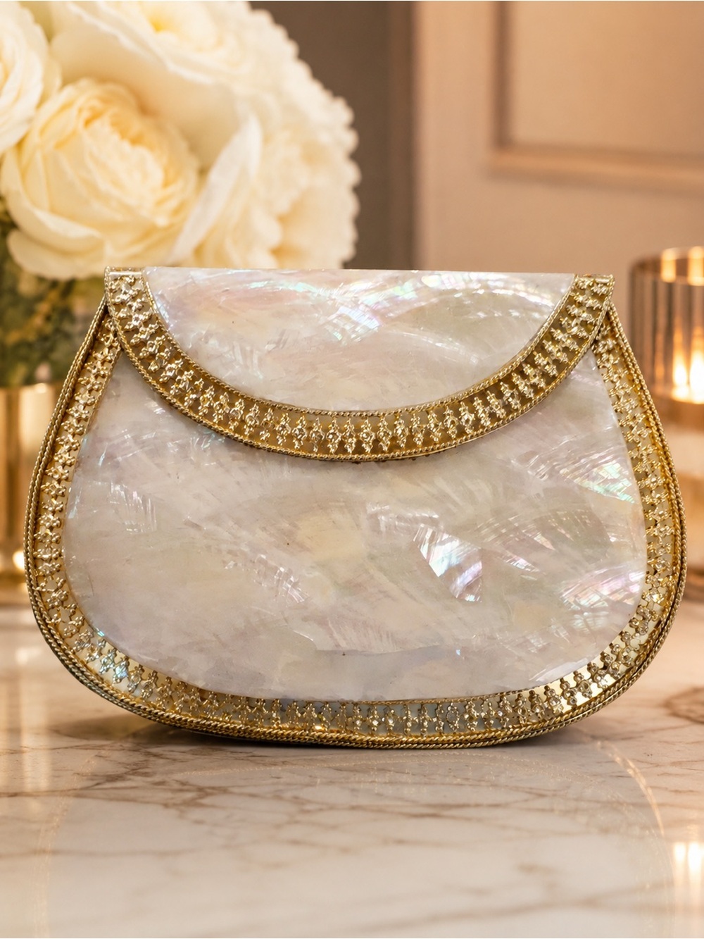 Pearlescent Shell Evening Clutch with Gold Trim